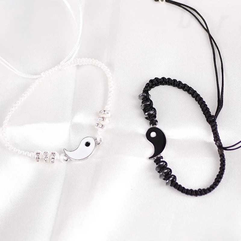 Couple Bracelets Hematite Leather Cord Braid Chain Bracelet Chinese Tai Chi Alloy Pendant Two-Piece Woven Lover Bracelet Gift