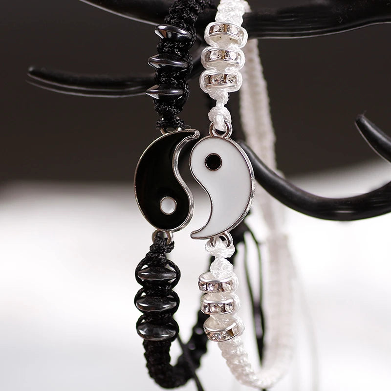 Couple Bracelets Hematite Leather Cord Braid Chain Bracelet Chinese Tai Chi Alloy Pendant Two-Piece Woven Lover Bracelet Gift