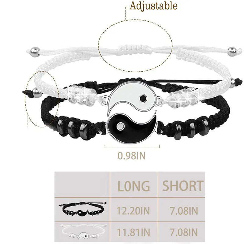 Couple Bracelets Hematite Leather Cord Braid Chain Bracelet Chinese Tai Chi Alloy Pendant Two-Piece Woven Lover Bracelet Gift