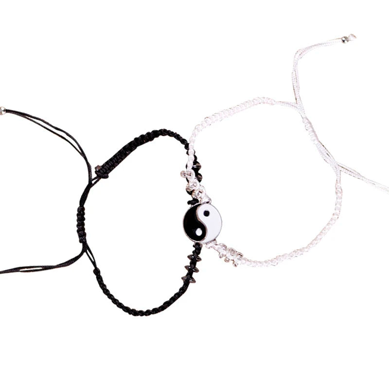 Couple Bracelets Hematite Leather Cord Braid Chain Bracelet Chinese Tai Chi Alloy Pendant Two-Piece Woven Lover Bracelet Gift