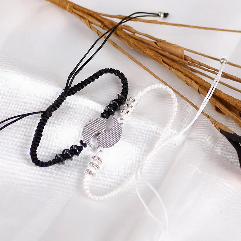Couple Bracelets Hematite Leather Cord Braid Chain Bracelet Chinese Tai Chi Alloy Pendant Two-Piece Woven Lover Bracelet Gift