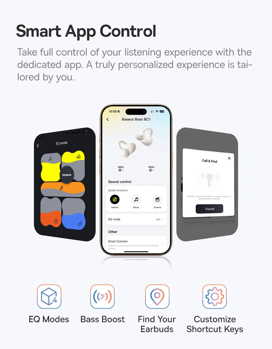 Baseus BC1 Ear Clip Earbuds Open Ear Wireless Earphones Bluetooth 6.0 Clip On Sports Headphones 4-Mics Super Bass IP55 Ear buds