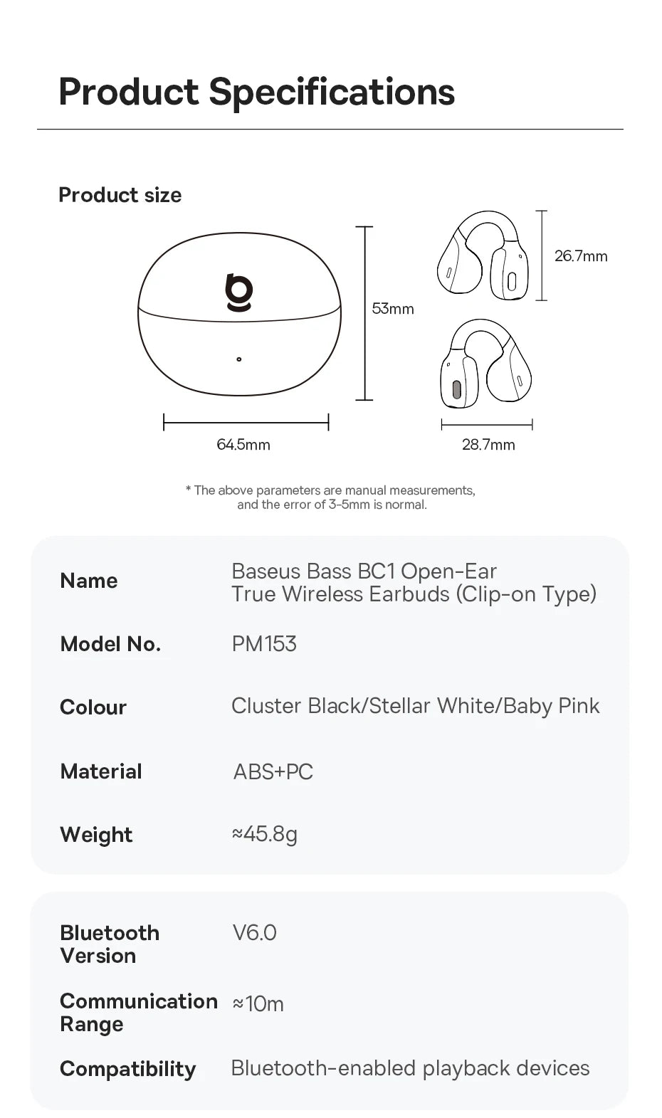 Baseus BC1 Ear Clip Earbuds Open Ear Wireless Earphones Bluetooth 6.0 Clip On Sports Headphones 4-Mics Super Bass IP55 Ear buds