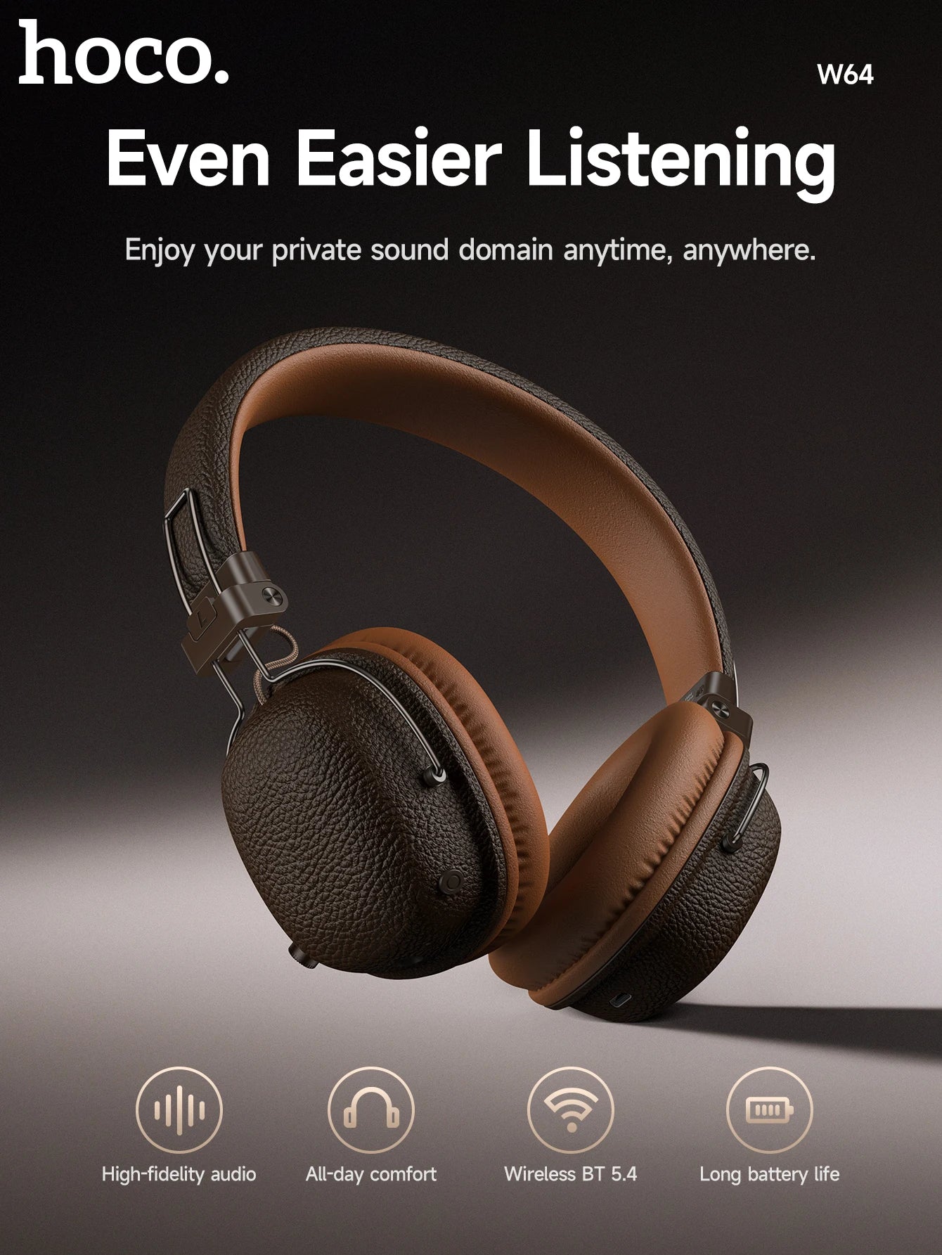 HOCO Retro PU Leather Wireless Bluetooth 5.4 Headphones 40MM Deep Bass Speaker Music Sports HiFi Audio Earbuds Fashion Over-Ear