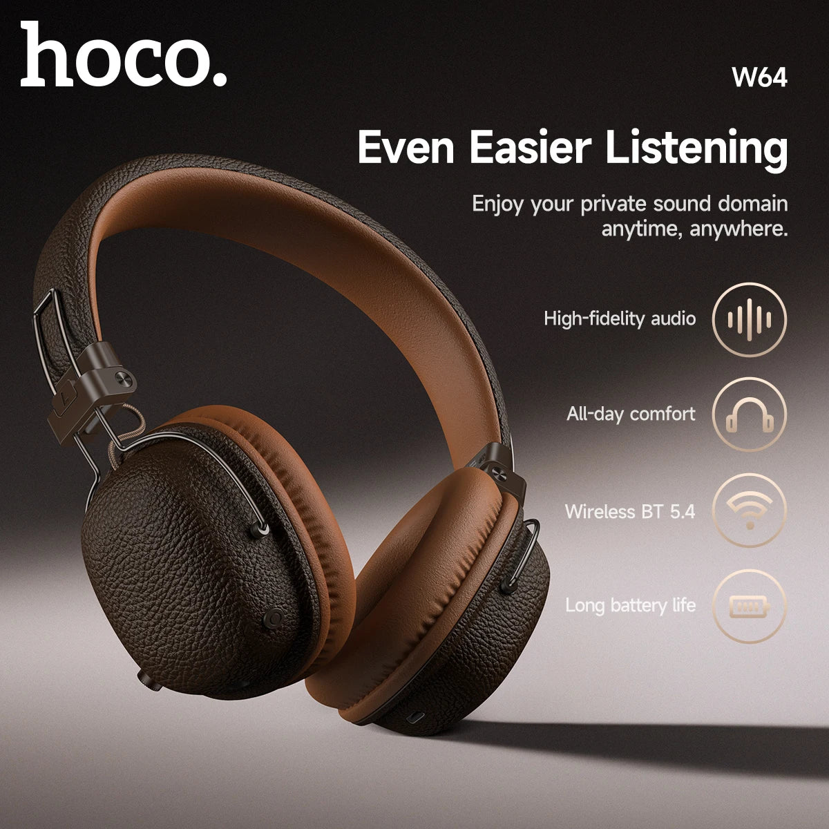 HOCO Retro PU Leather Wireless Bluetooth 5.4 Headphones 40MM Deep Bass Speaker Music Sports HiFi Audio Earbuds Fashion Over-Ear