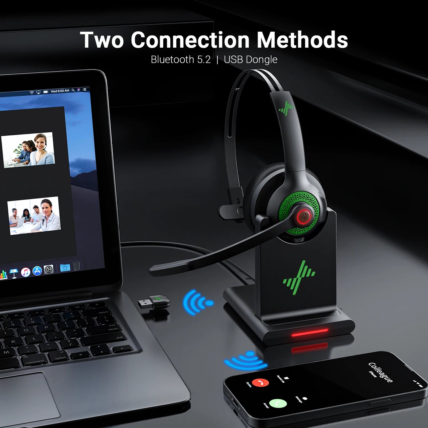 JIAMQISHI EH06 Bluetooth Wireless Headset with Mic for Work Call Center Headphones with USB Dongle Mute for PC/Computer/Laptop