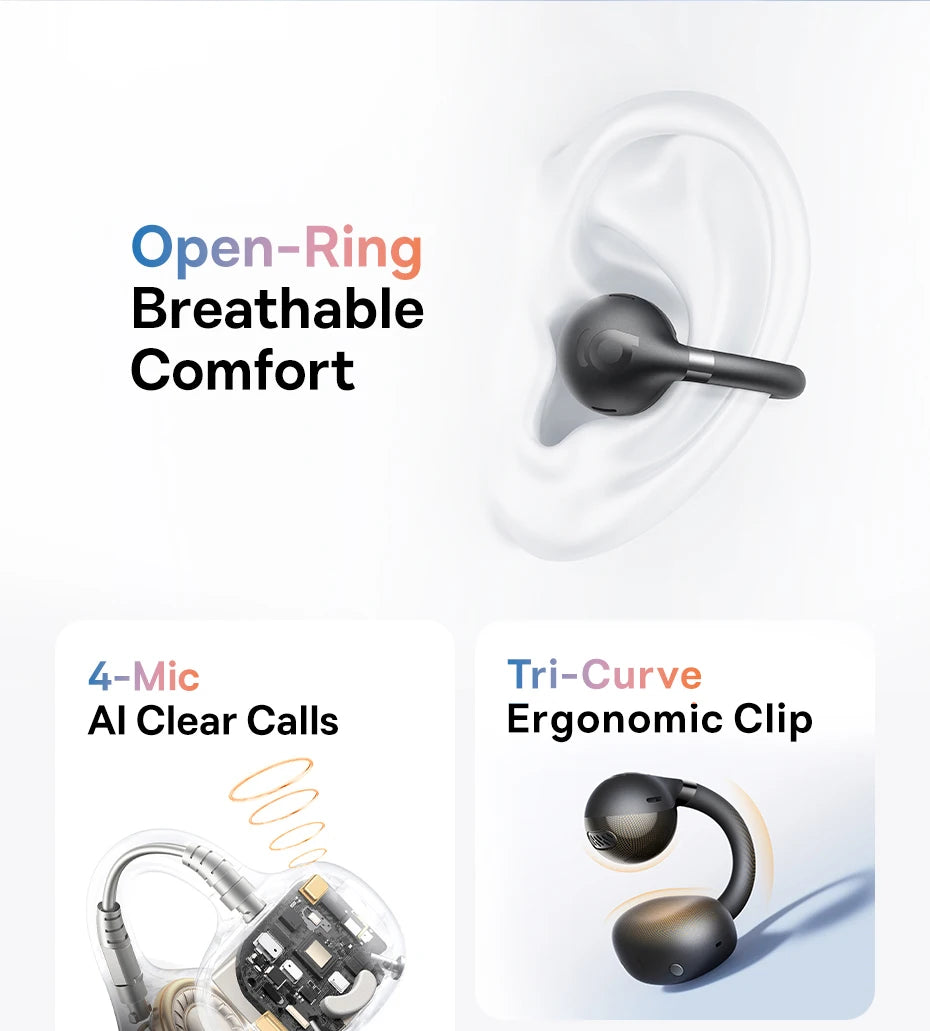 Baseus BC1 Ear Clip Earbuds Open Ear Wireless Earphones Bluetooth 6.0 Clip On Sports Headphones 4-Mics Super Bass IP55 Ear buds