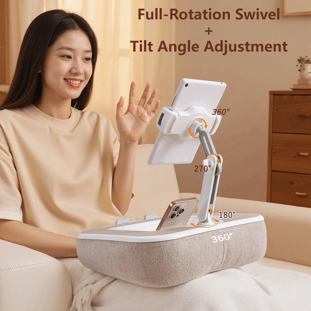 Oatsbasf Pillow Stand with Storage Space 360° Rotatable Clip Stand for 4.7-13" Phone Tablet Kindle 15" Laptop Pillow Lap Desk