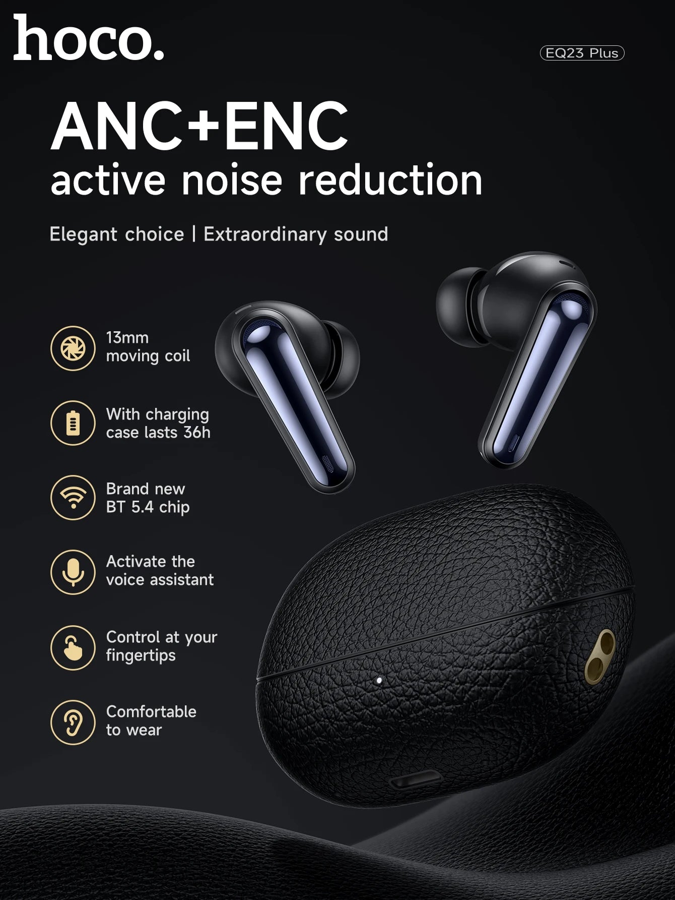 HOCO EQ23 Plus ANC+ENC Noise Reduction Bluetooth 5.4 Wireless Earphones HiFi Audio Earbuds Type-C Charging Box 4 Mics Headsets