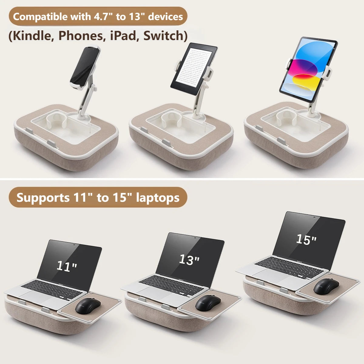 Oatsbasf Pillow Stand with Storage Space 360° Rotatable Clip Stand for 4.7-13" Phone Tablet Kindle 15" Laptop Pillow Lap Desk