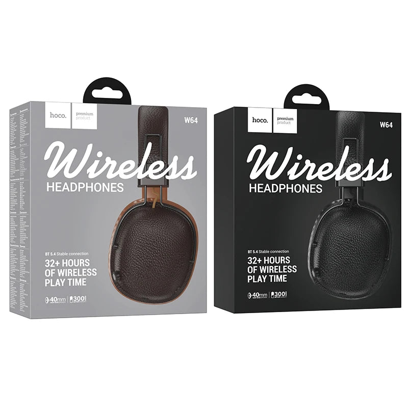 HOCO Retro PU Leather Wireless Bluetooth 5.4 Headphones 40MM Deep Bass Speaker Music Sports HiFi Audio Earbuds Fashion Over-Ear