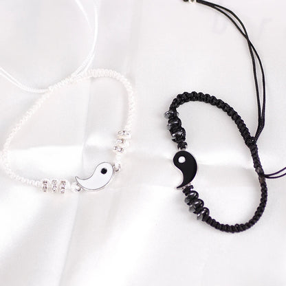 Couple Bracelets Hematite Leather Cord Braid Chain Bracelet Chinese Tai Chi Alloy Pendant Two-Piece Woven Lover Bracelet Gift