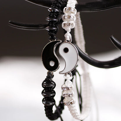 Couple Bracelets Hematite Leather Cord Braid Chain Bracelet Chinese Tai Chi Alloy Pendant Two-Piece Woven Lover Bracelet Gift