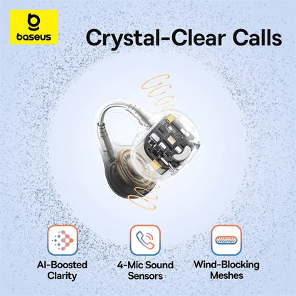 Baseus BC1 Ear Clip Earbuds Open Ear Wireless Earphones Bluetooth 6.0 Clip On Sports Headphones 4-Mics Super Bass IP55 Ear buds
