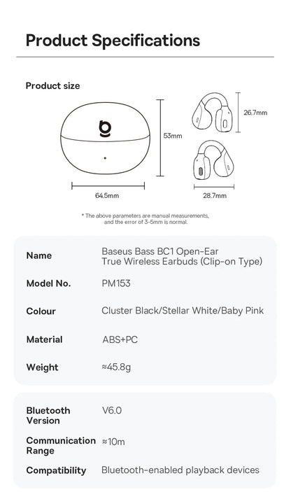 Baseus BC1 Ear Clip Earbuds Open Ear Wireless Earphones Bluetooth 6.0 Clip On Sports Headphones 4-Mics Super Bass IP55 Ear buds