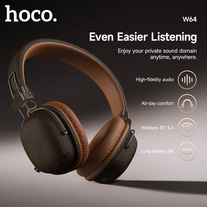 HOCO Retro PU Leather Wireless Bluetooth 5.4 Headphones 40MM Deep Bass Speaker Music Sports HiFi Audio Earbuds Fashion Over-Ear