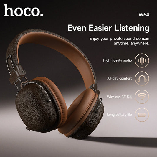 HOCO Retro PU Leather Wireless Bluetooth 5.4 Headphones 40MM Deep Bass Speaker Music Sports HiFi Audio Earbuds Fashion Over-Ear