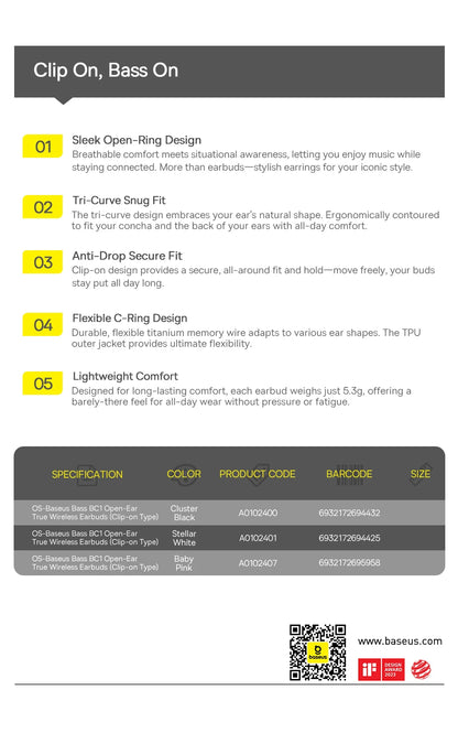 Baseus BC1 Ear Clip Earbuds Open Ear Wireless Earphones Bluetooth 6.0 Clip On Sports Headphones 4-Mics Super Bass IP55 Ear buds
