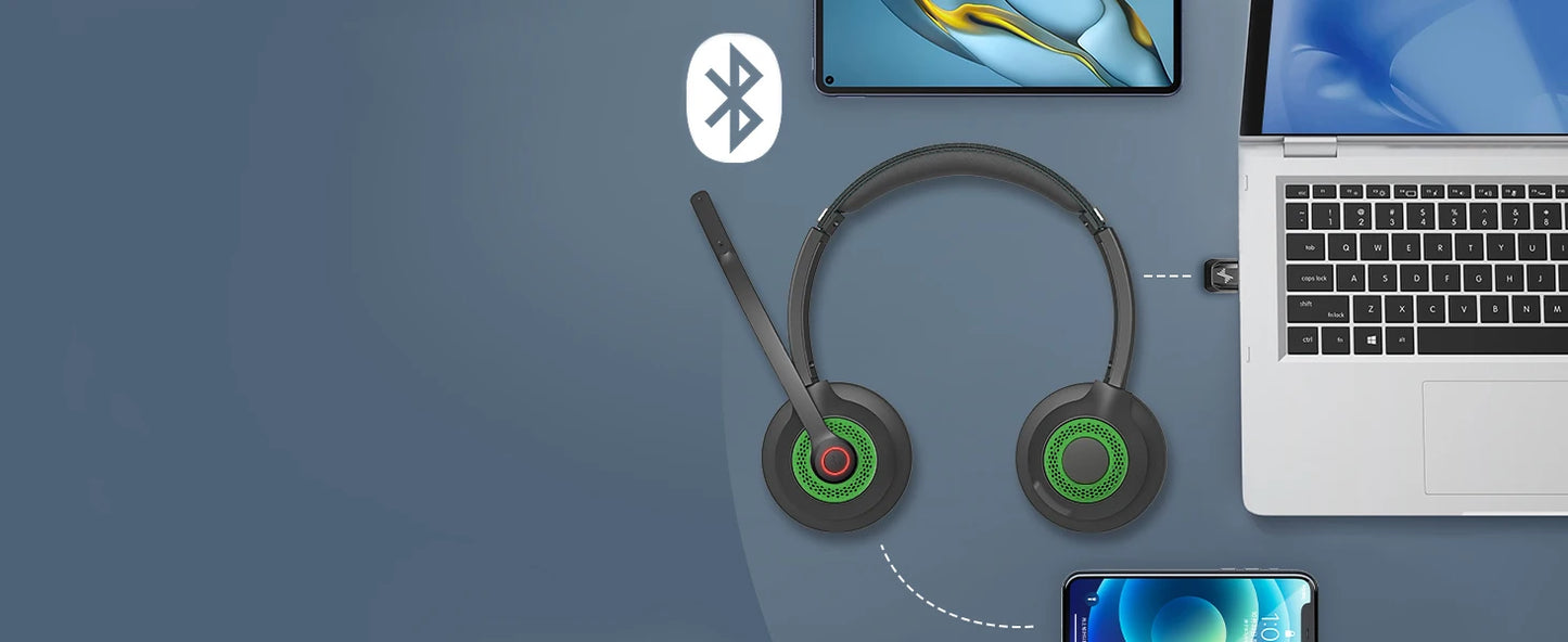 JIAMQISHI EH06 Bluetooth Wireless Headset with Mic for Work Call Center Headphones with USB Dongle Mute for PC/Computer/Laptop